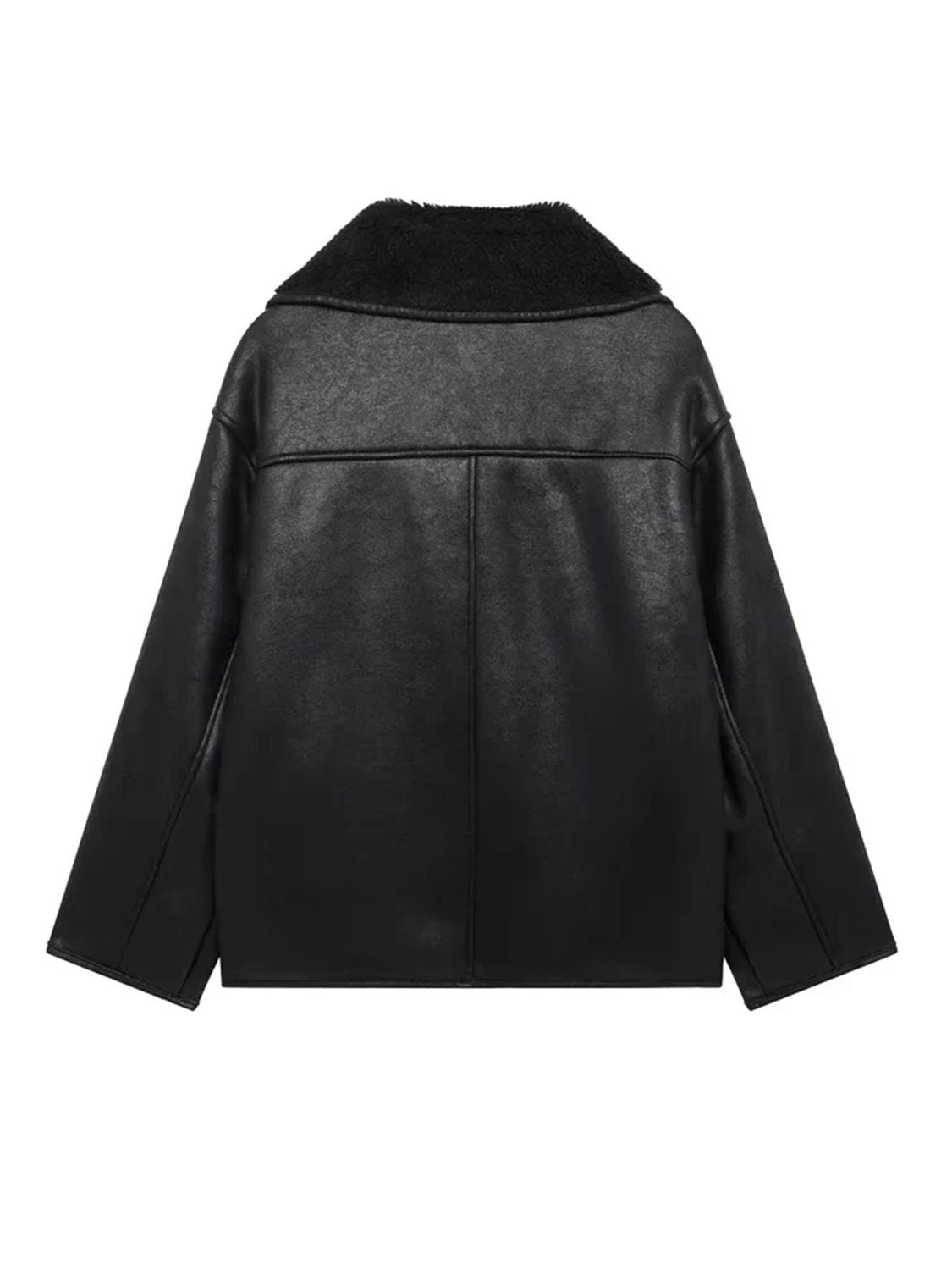 Black oversized aviator jacket with shearling collar and faux leather finish.