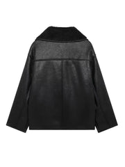 Black oversized aviator jacket with shearling collar and faux leather finish.