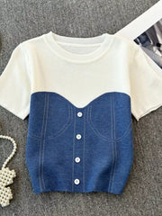 Color block knit t-shirt in white and blue with ribbed detail and button front.