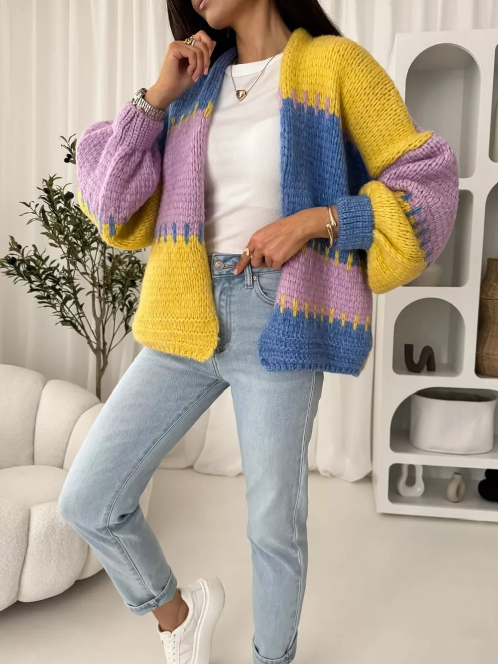 Pastel Harmony Open Front Cardigan with balloon sleeves in yellow, blue, and rose powder stripes.
