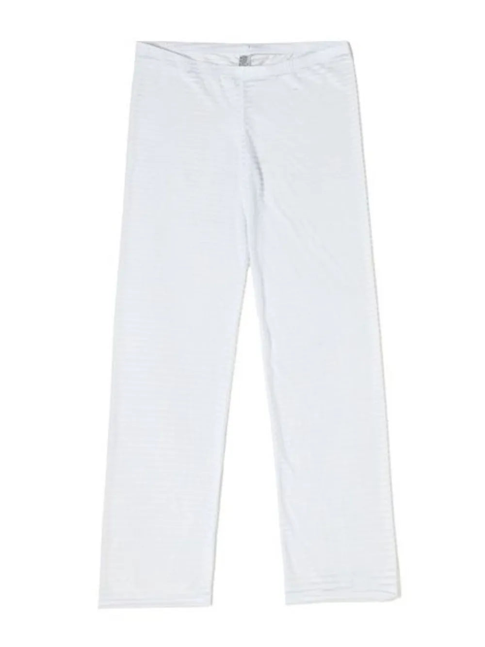 White sheer flare trousers with subtle horizontal stripes and a comfortable elastic waistband.