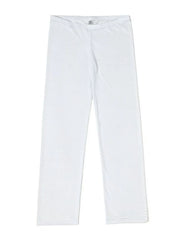 White sheer flare trousers with subtle horizontal stripes and a comfortable elastic waistband.