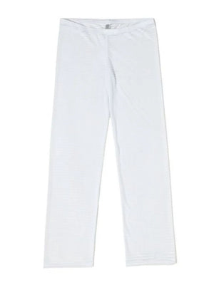 White sheer flare trousers with subtle horizontal stripes and a comfortable elastic waistband.