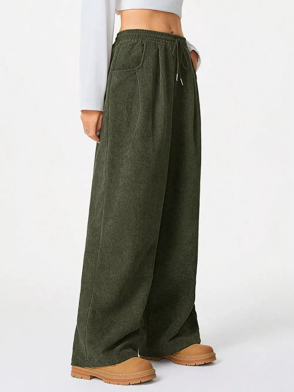 Relaxed fit corduroy wide-leg cargo maternity pants in army green with drawstring waist.