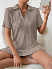 Textured ribbed polo shirt and shorts set in mocha, with a V-neck and short sleeves.