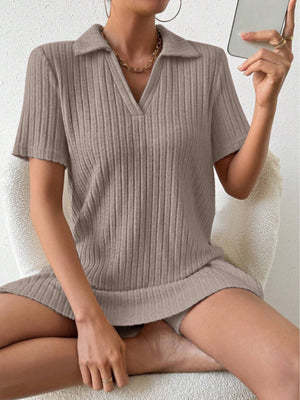 Textured ribbed polo shirt and shorts set in mocha, with a V-neck and short sleeves.