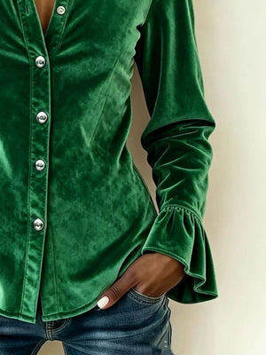 Velvet Button Up Flare Sleeve Shirt Plus Size in Burgundy, fit detail