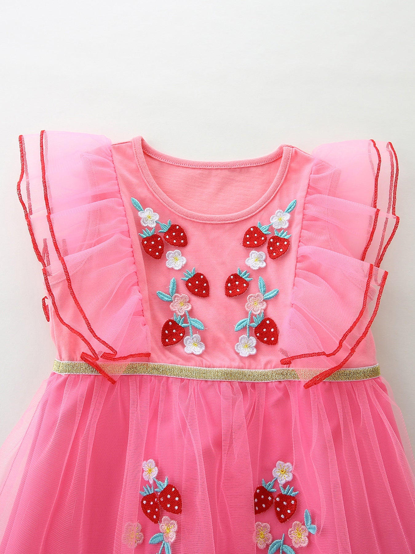 Pink toddler tulle dress with embroidered strawberries and flowers, flutter sleeves.