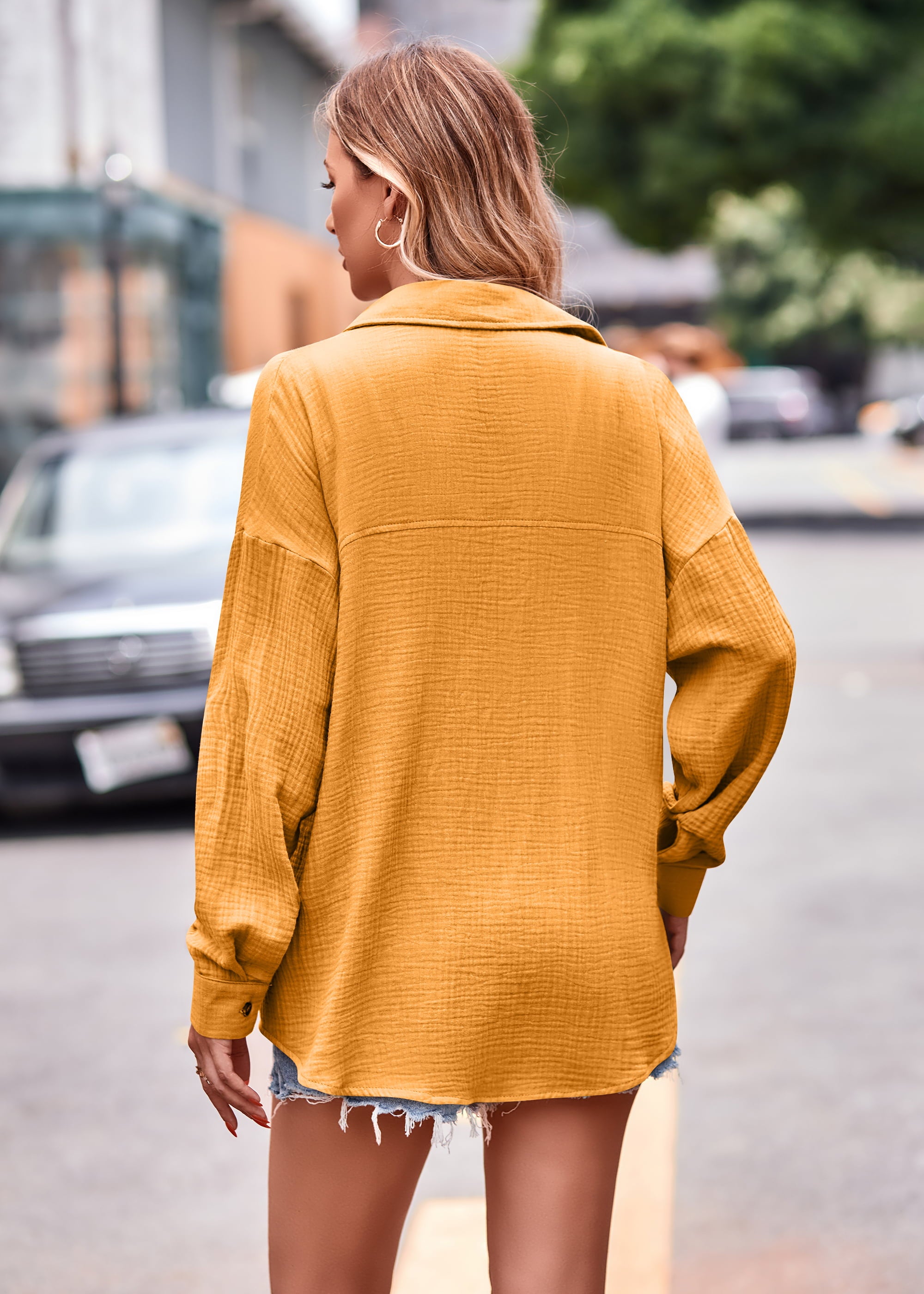Textured gauze overshirt in tangerine with relaxed silhouette, button cuff and chest pocket detail.