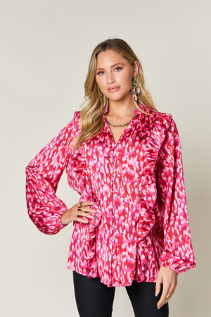Hot Pink Ethereal Print Ruffle Front Blouse with balloon sleeves and buttoned front.