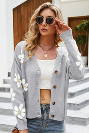 Gray acrylic knit cardigan with white daisy embroidery, button front, and V-neck.