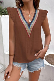 Brown flutter sleeve blouse with V-neck embroidered trim and ruffled sleeves.