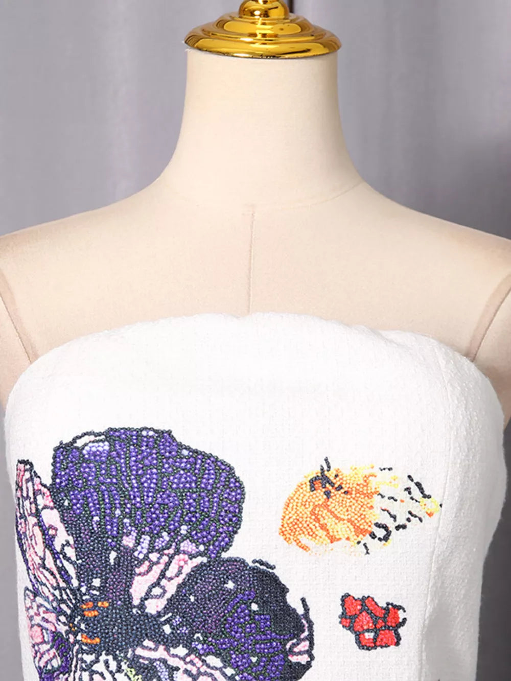 Strapless Floral Mini Dress in White, fabric detail