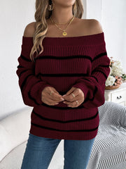 Burgundy striped off-the-shoulder knit pullover sweater with long sleeves.