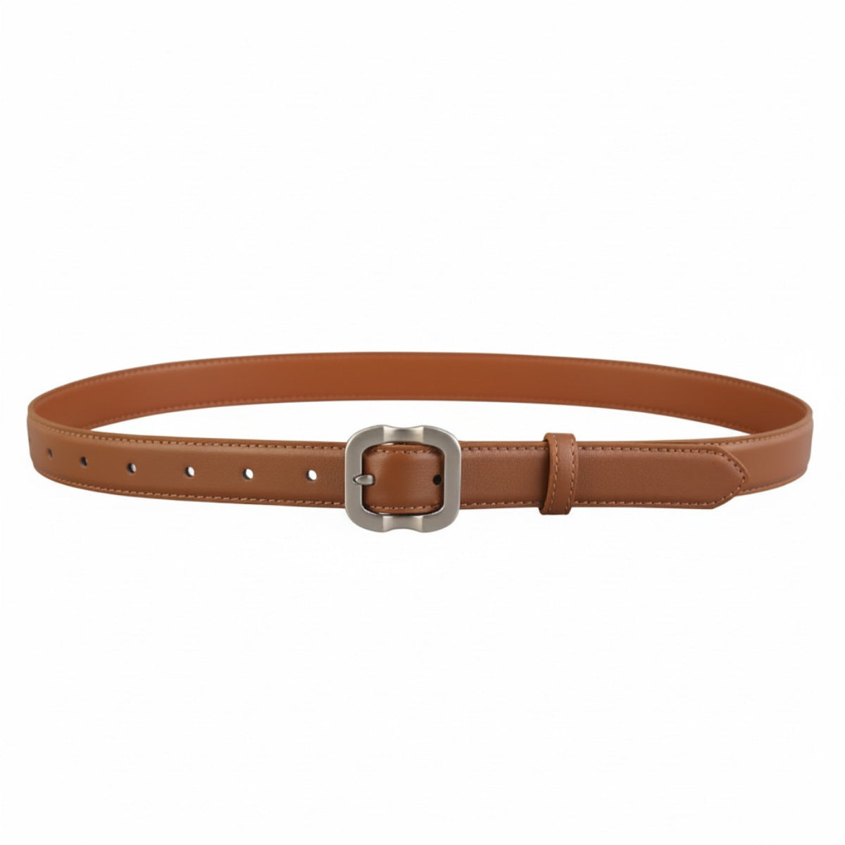 Brown cowhide leather belt with matte silver buckle and adjustable holes.