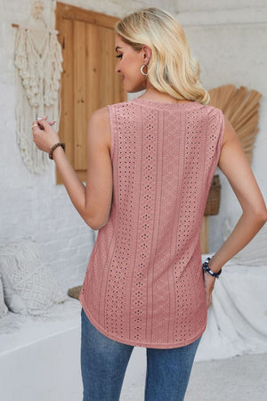 Dusty Pink perforated button-down sleeveless top with intricate eyelet pattern.