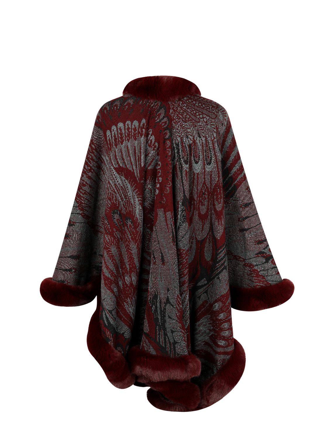 Wine feather print faux fur trim cape with wide sleeves and faux fur cuffs.