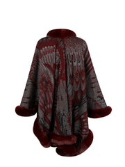 Wine feather print faux fur trim cape with wide sleeves and faux fur cuffs.