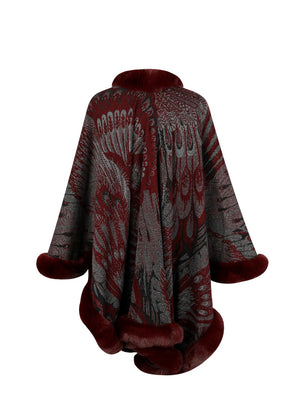 Wine feather print faux fur trim cape with wide sleeves and faux fur cuffs.