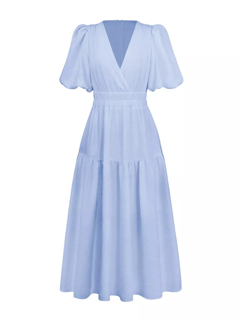 Elegant Puff Sleeve V-neck Midi Dress in Black, view 14