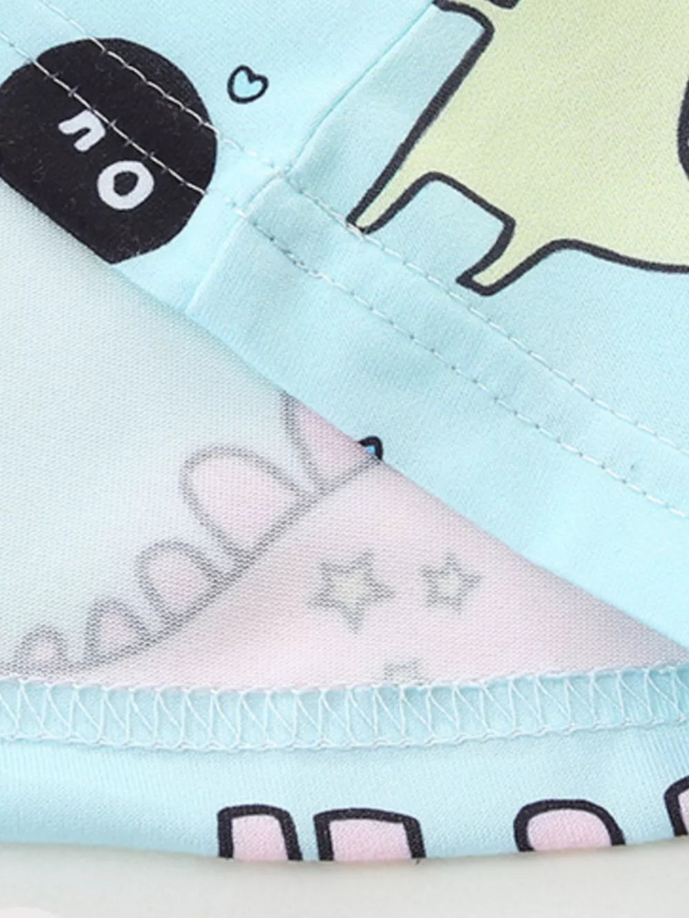 Baby dress with blue fabric, featuring a whimsical dinosaur and unicorn print with stars and hearts.