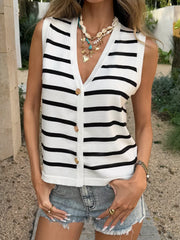 Chic striped V-neck sleeveless cardigan with gold buttons