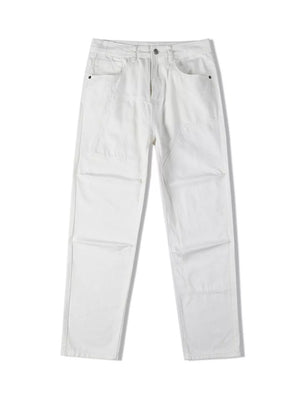 White cotton denim jeans with a pocketed design and straight leg cut.