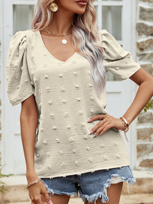 Beige textured dotty puff sleeve blouse with V-neck