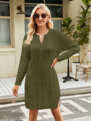 Matcha green cable knit sweater dress with keyhole neckline and side slits