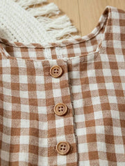 Brown gingham cotton baby set with ruffle trim and button detail