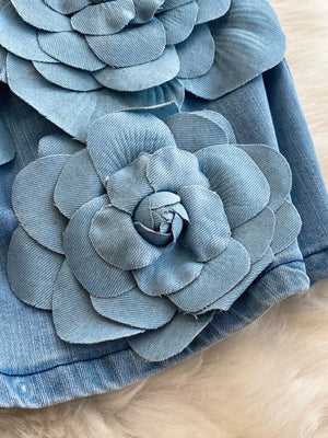 Blue denim dress with 3D floral applique detail