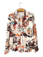 Maternity long sleeve shirt in Milky White with a multicolor rodeo print, button-down front, and western yoke detail.