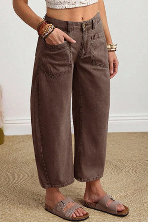 Solid Color Square Patch Pocket Barrel Jeans, alternate angle