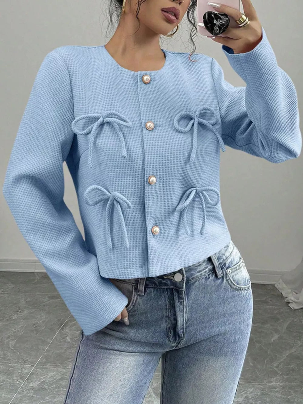 Chic Bow-embellished Cropped Jacket