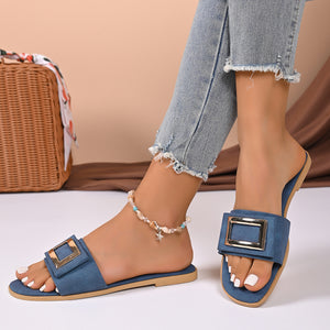 Blue buckle decor open toe slide sandals with a square toe.