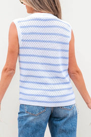 Light blue and white striped knit vest with open knit detail and crewneck.