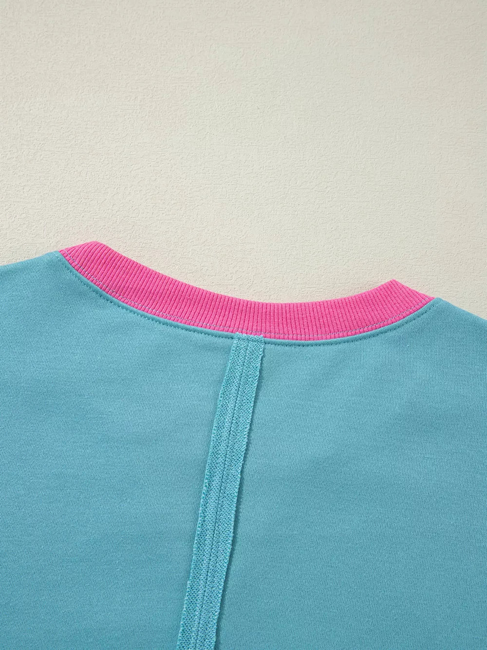 Colorblock Patchwork Crew Neck Sweatshirt in Teal, back view