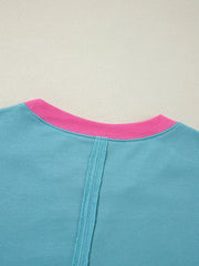Colorblock Patchwork Crew Neck Sweatshirt in Teal, back view