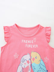 Pink cotton t-shirt with ruffle sleeves and a bird graphic that says "Friends Forever".