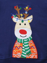 Dark navy baby sweatshirt with embroidered reindeer wearing Christmas lights and scarf.