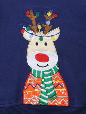 Dark navy baby sweatshirt with embroidered reindeer wearing Christmas lights and scarf.