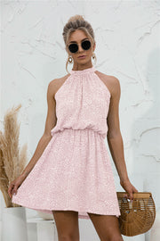 Blush pink floral halter neck mini dress with elastic waist