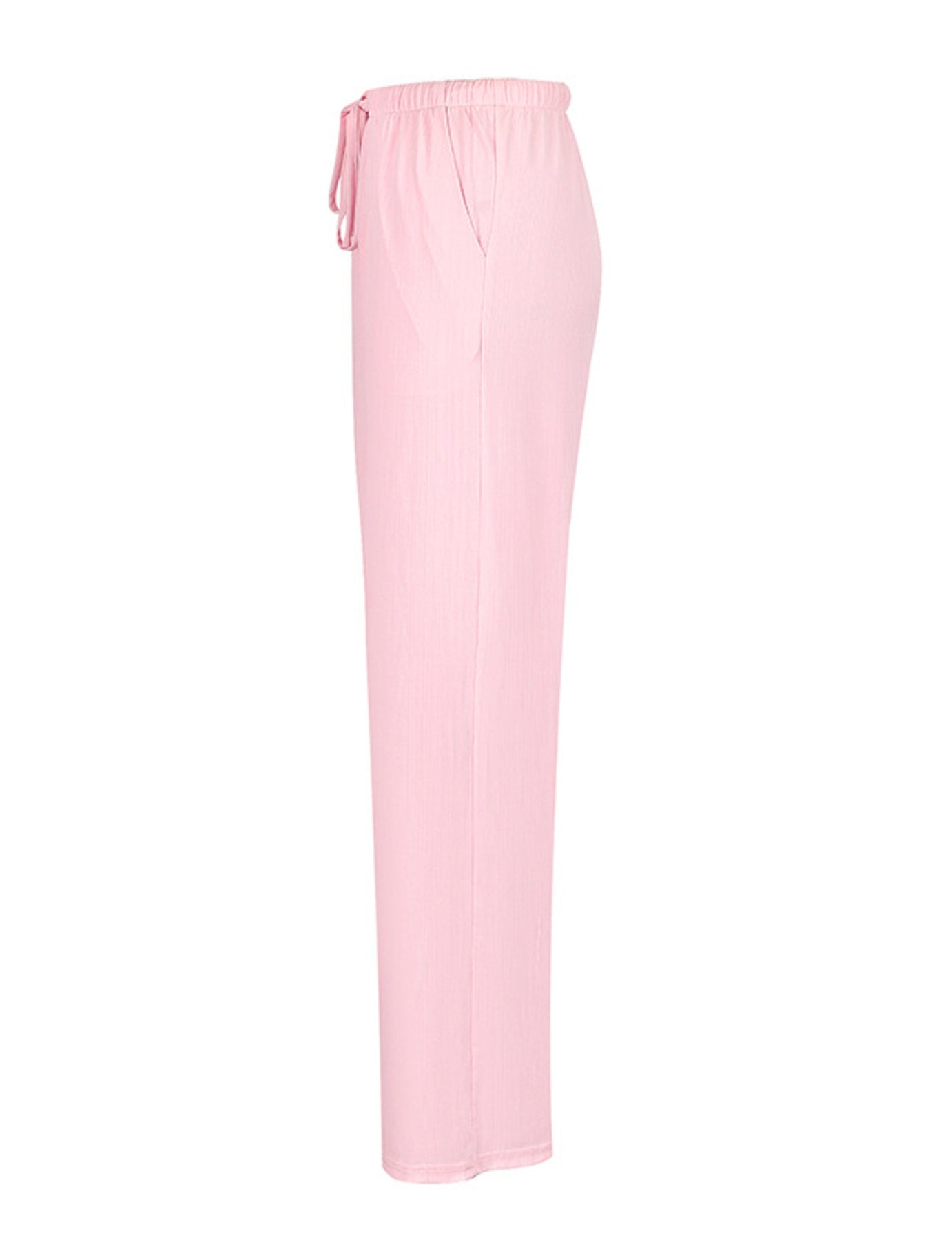 Pink crinkled wide leg pants with drawstring waist and pockets