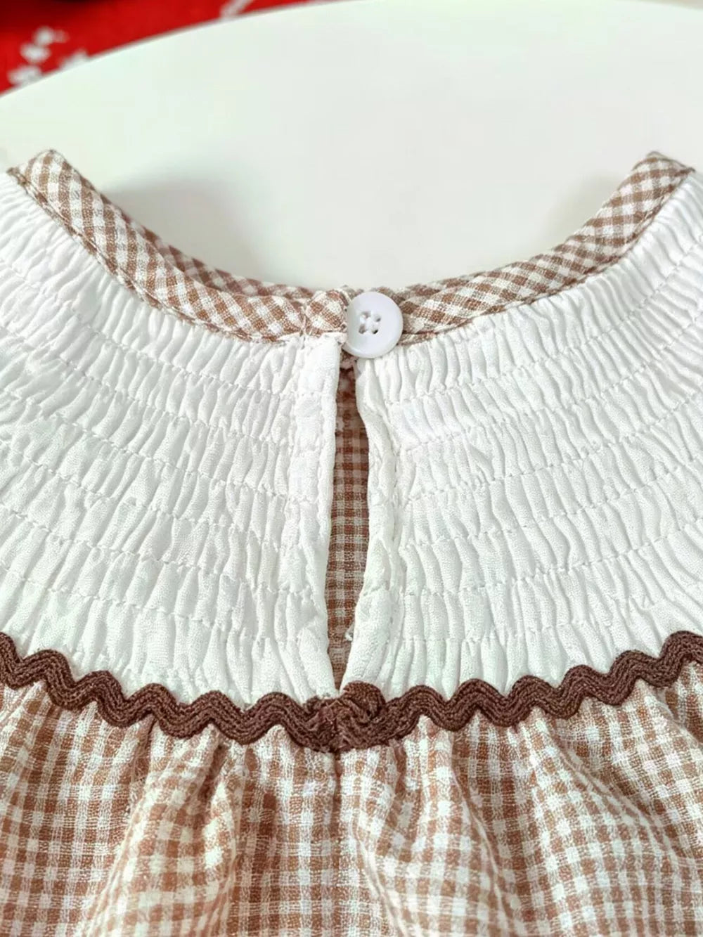 Children's Gingham Football Puff Sleeve Dress in Brown, back view