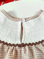 Children's Gingham Football Puff Sleeve Dress in Brown, back view