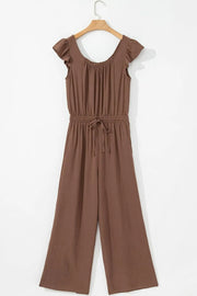 Tan textured drawstring palazzo jumpsuit with ruffle sleeves and wide legs.