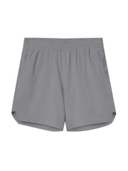 Gray performance drawstring running shorts with elastic waistband and side pockets.