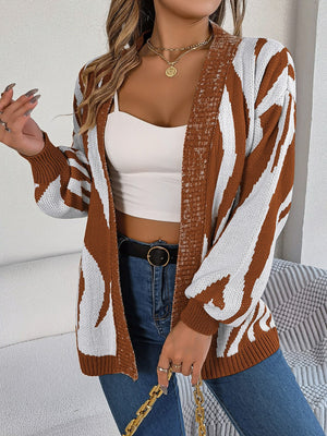 Open-front knit cardigan with caramel and white zebra stripe pattern, acrylic material.