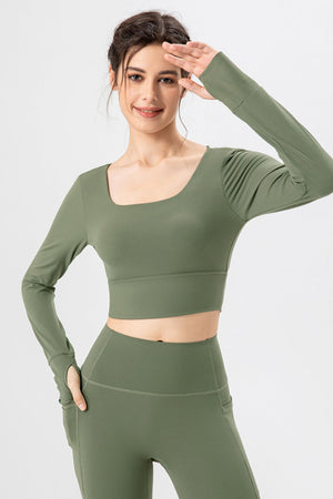 Matcha green long sleeve crop top with thumbholes and square neckline