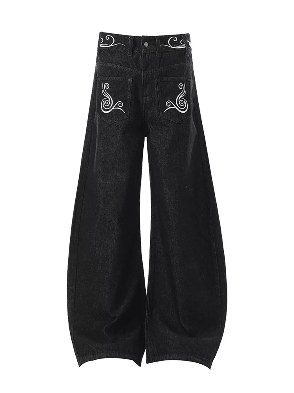 Black embroidered wide-leg men's cotton jeans with swirling pocket details.